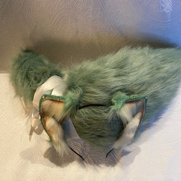 Little Luxies Sage Green Cat Ears and Tail Set Realistic Nekomimi Headband - Picture 2 of 8
